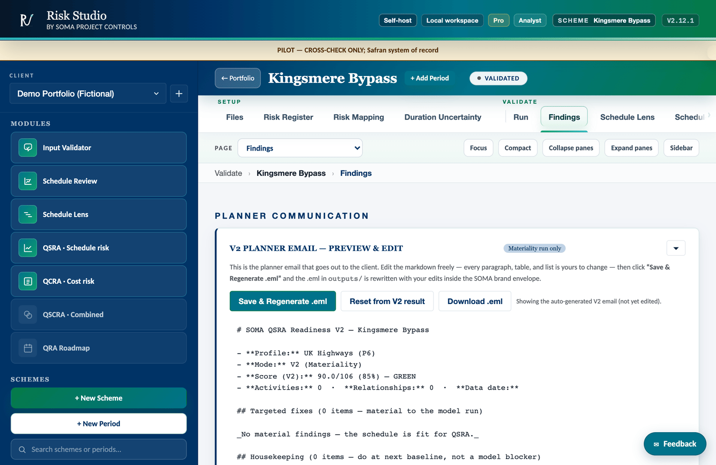 Findings tab — checks across four frameworks