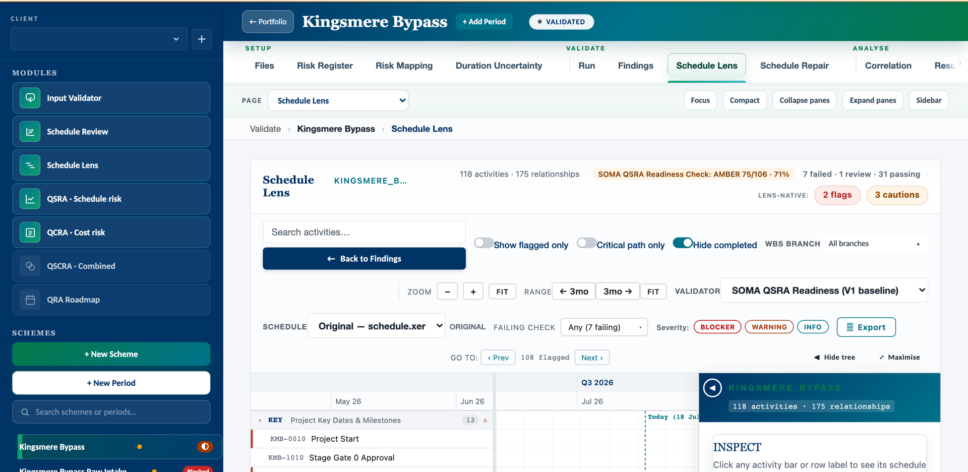 Schedule Lens reference-data view — WBS tree, time-scaled Gantt and side panel