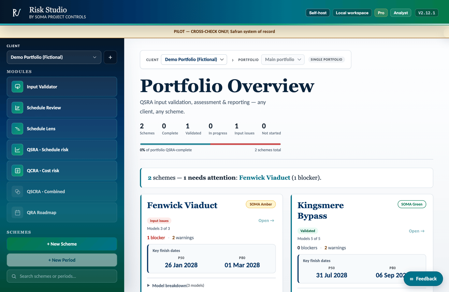 SOMA Risk Studio portfolio console — fictional reference schemes, no client content